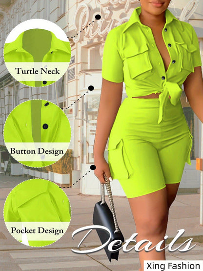 Women's Two-Piece Shorts Set - Button Detail Casual Matching Outfit – Sizes S–XXL detail view
