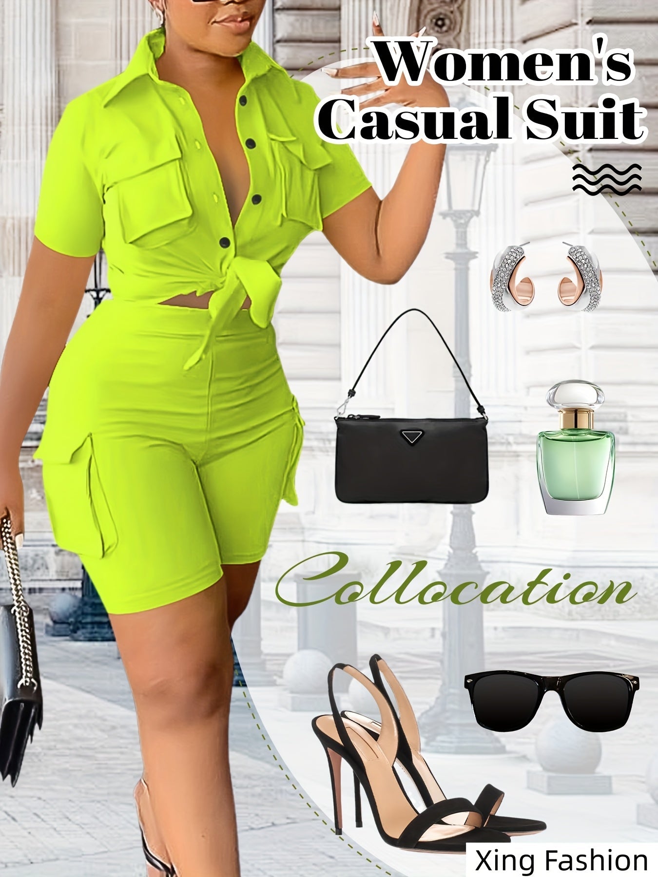 Women's Two-Piece Shorts Set - Button Detail Casual Matching Outfit – Sizes S–XXL detail view