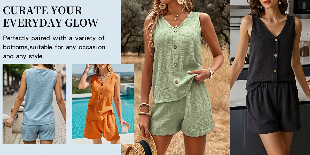 Women's Two-Piece Shorts Set - Button Detail Casual Matching Outfit – Sizes L–XXL detail view