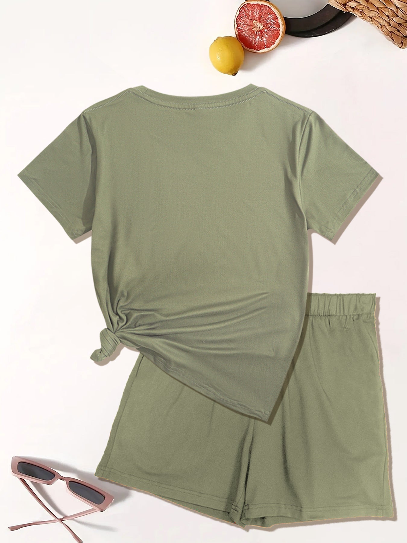 Women's Two-Piece Shorts Set - Graphic Print – Apricot / Light Green detail view