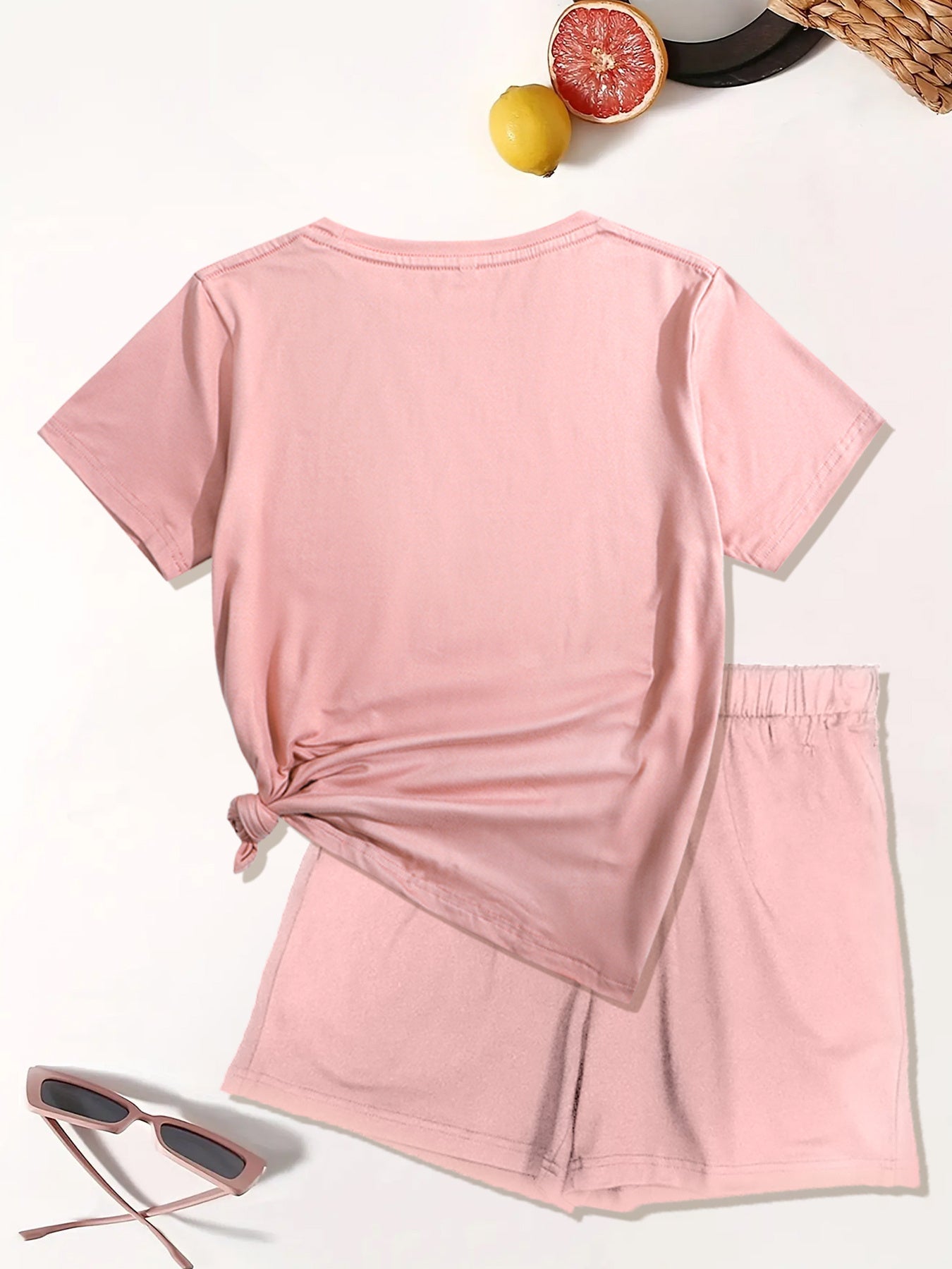 Women's Two-Piece Shorts Set - Graphic Print – Apricot / Light Green detail view