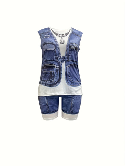 Women's Two-Piece Shorts Set - Graphic Print – Black / White detail view