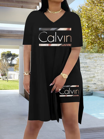 Women's Two-Piece Shorts Set - Graphic Print Casual Matching Outfit – Black / Brown detail view