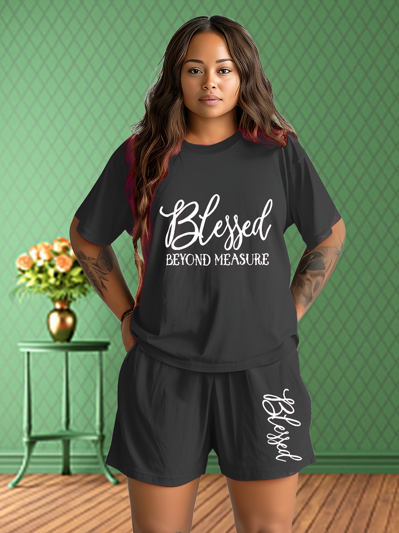 Women's Two-Piece Shorts Set - Graphic Print – Sizes 0XL–5XL detail view