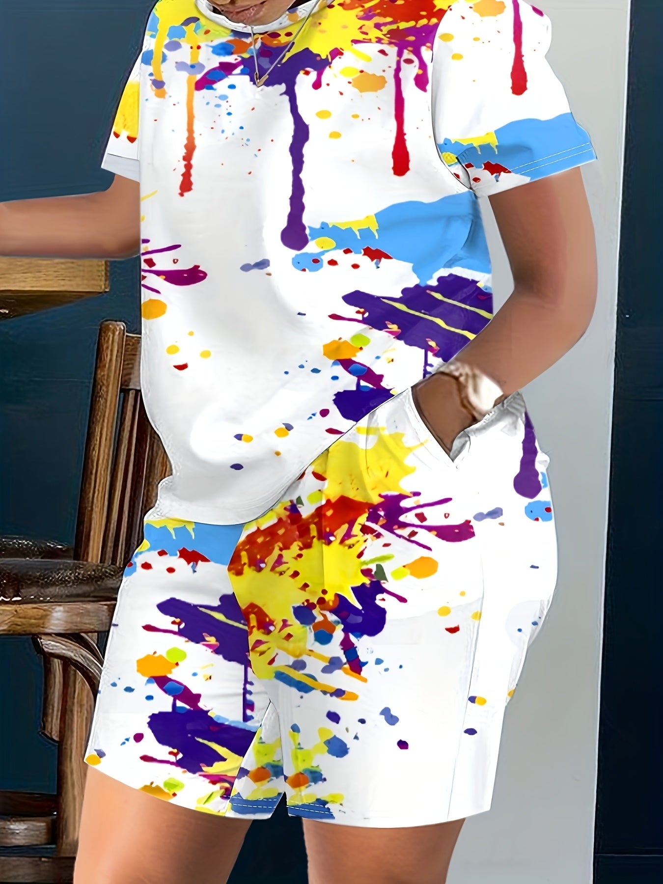 Women's Two-Piece Shorts Set - Graphic Print – White / Black – view 10