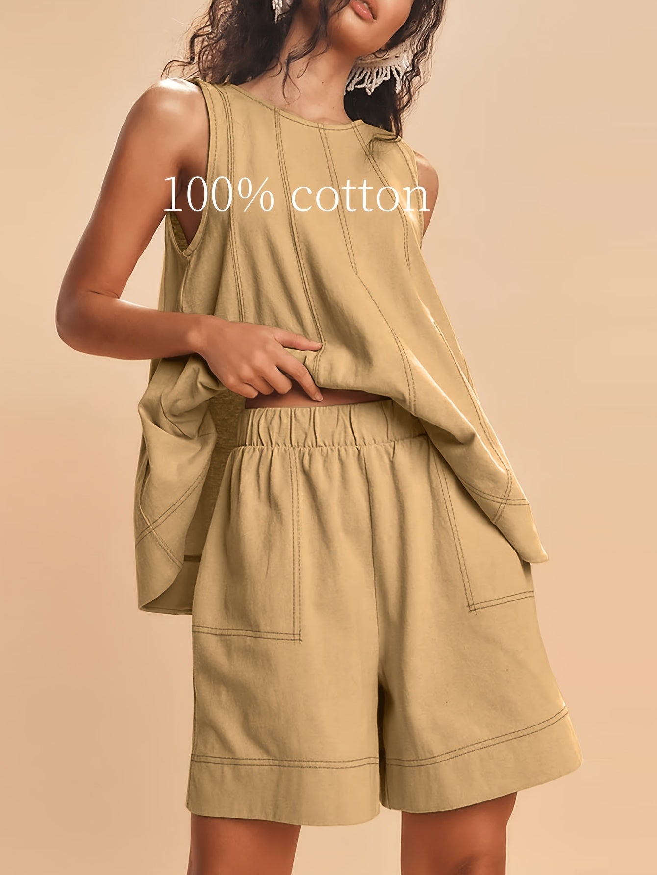 Women's Two-Piece Shorts Set - Solid Color – Beige / Tan detail view