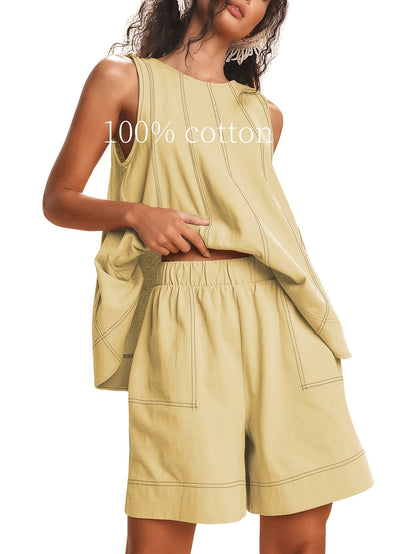 Women's Two-Piece Shorts Set - Solid Color – Beige / Tan detail view