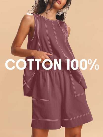 Women's Two-Piece Shorts Set - Solid Color – Beige / Tan – Beige option – view 5