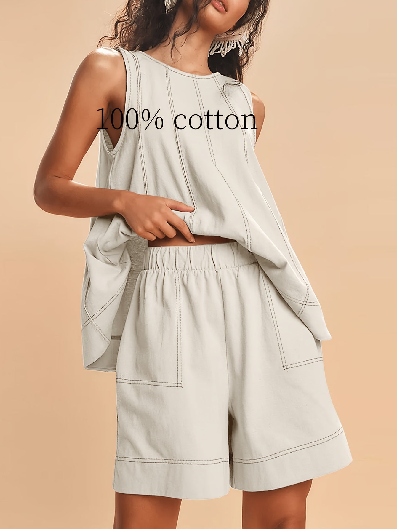 Women's Two-Piece Shorts Set - Solid Color – Beige / Tan – Beige option – view 6