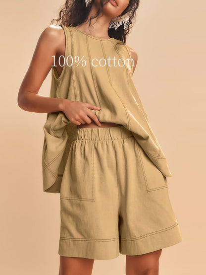 Women's Two-Piece Shorts Set - Solid Color – Beige / Tan – Beige option – view 7