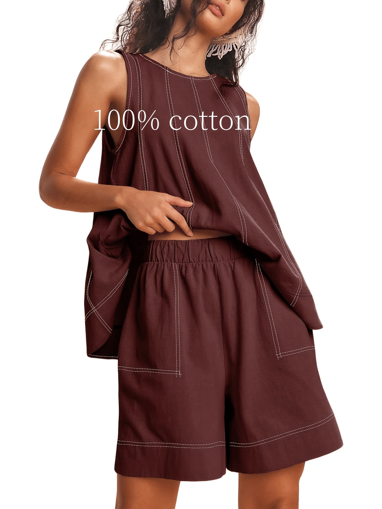 Women's Two-Piece Shorts Set - Solid Color – Beige / Tan – Beige option – view 12