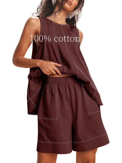 Women's Two-Piece Shorts Set - Solid Color – Beige / Tan – Beige option – view 12