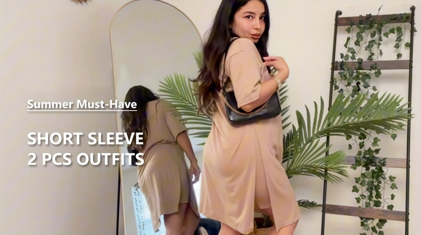 Women's Two-Piece Shorts Set - Solid Color Casual Matching Outfit – Blue / Black detail view