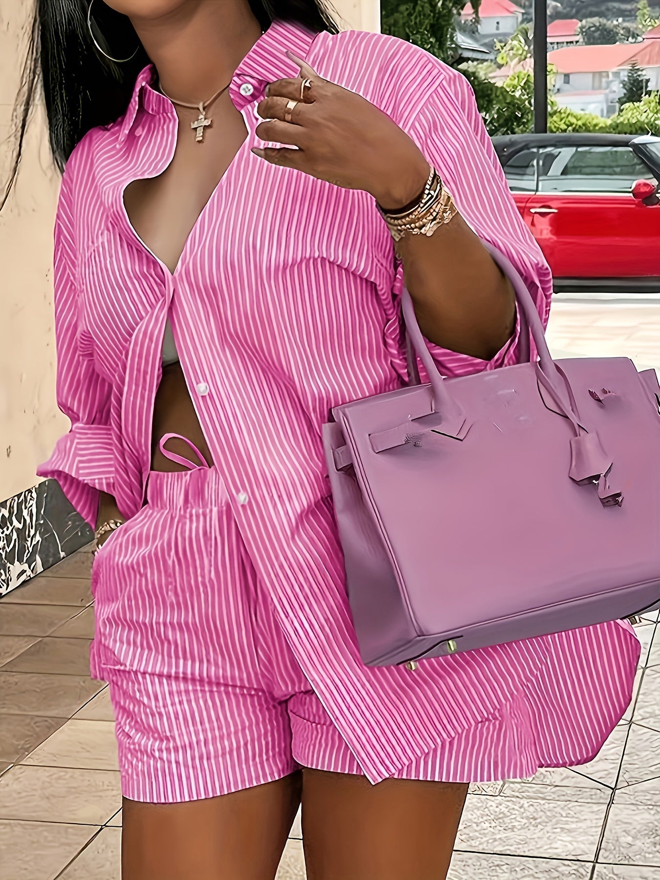 Women's Two-Piece Shorts Set - Striped Casual Matching Outfit – Sizes 1XL–4XL – view 4