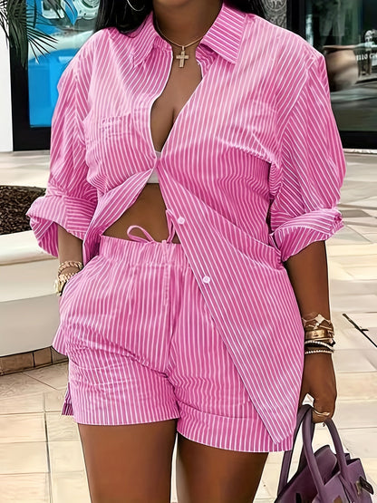 Women's Two-Piece Shorts Set - Striped Casual Matching Outfit – Sizes 1XL–4XL – Red option – main product image