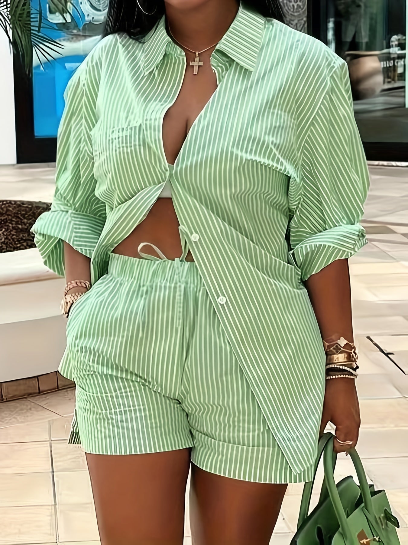 Women's Two-Piece Shorts Set - Striped Casual Matching Outfit – Sizes 1XL–4XL – Red option – view 2