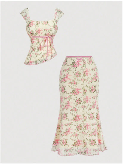 Women's Two-Piece Skirt Set - Floral Print Workwear Look 1141 detail view