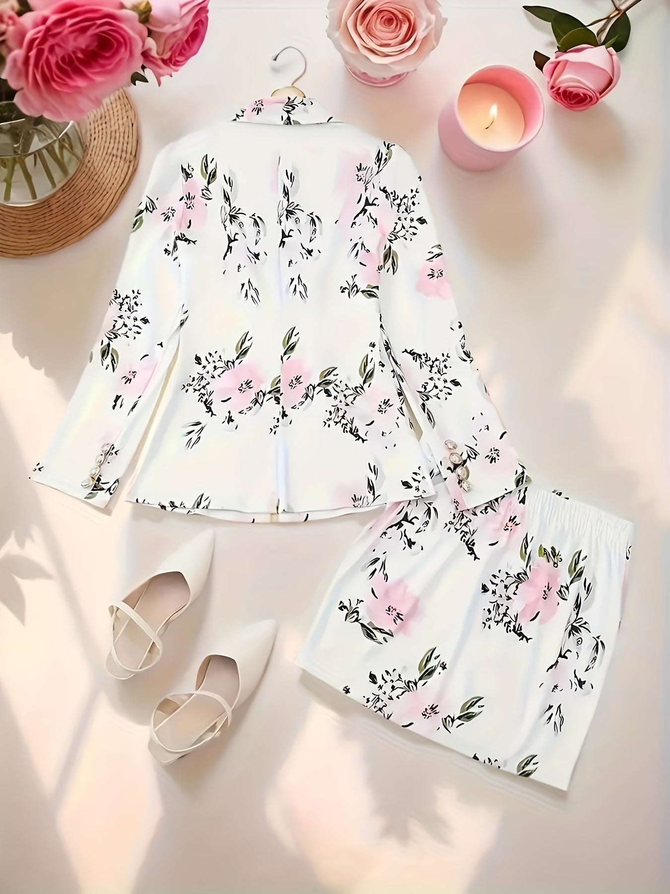 Women's Two-Piece Skirt Set - Floral Print Workwear Matching Outfit detail view