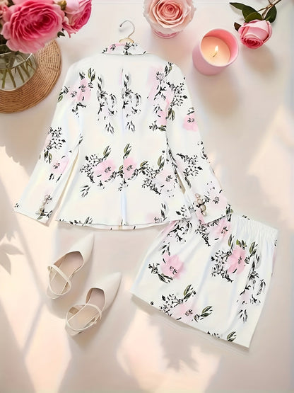 Women's Two-Piece Skirt Set - Floral Print Workwear Matching Outfit detail view