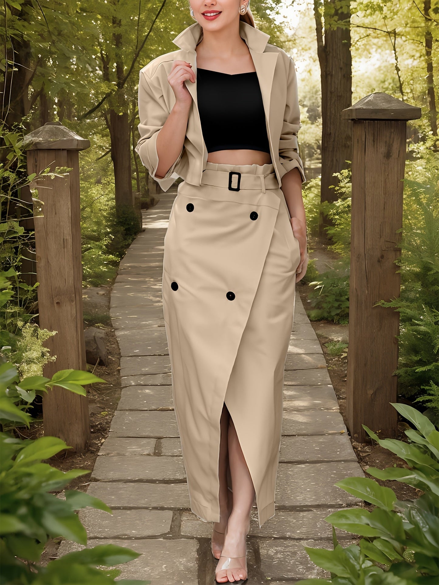 Women's Two-Piece Skirt Set - Solid Color Casual Matching Outfit detail view