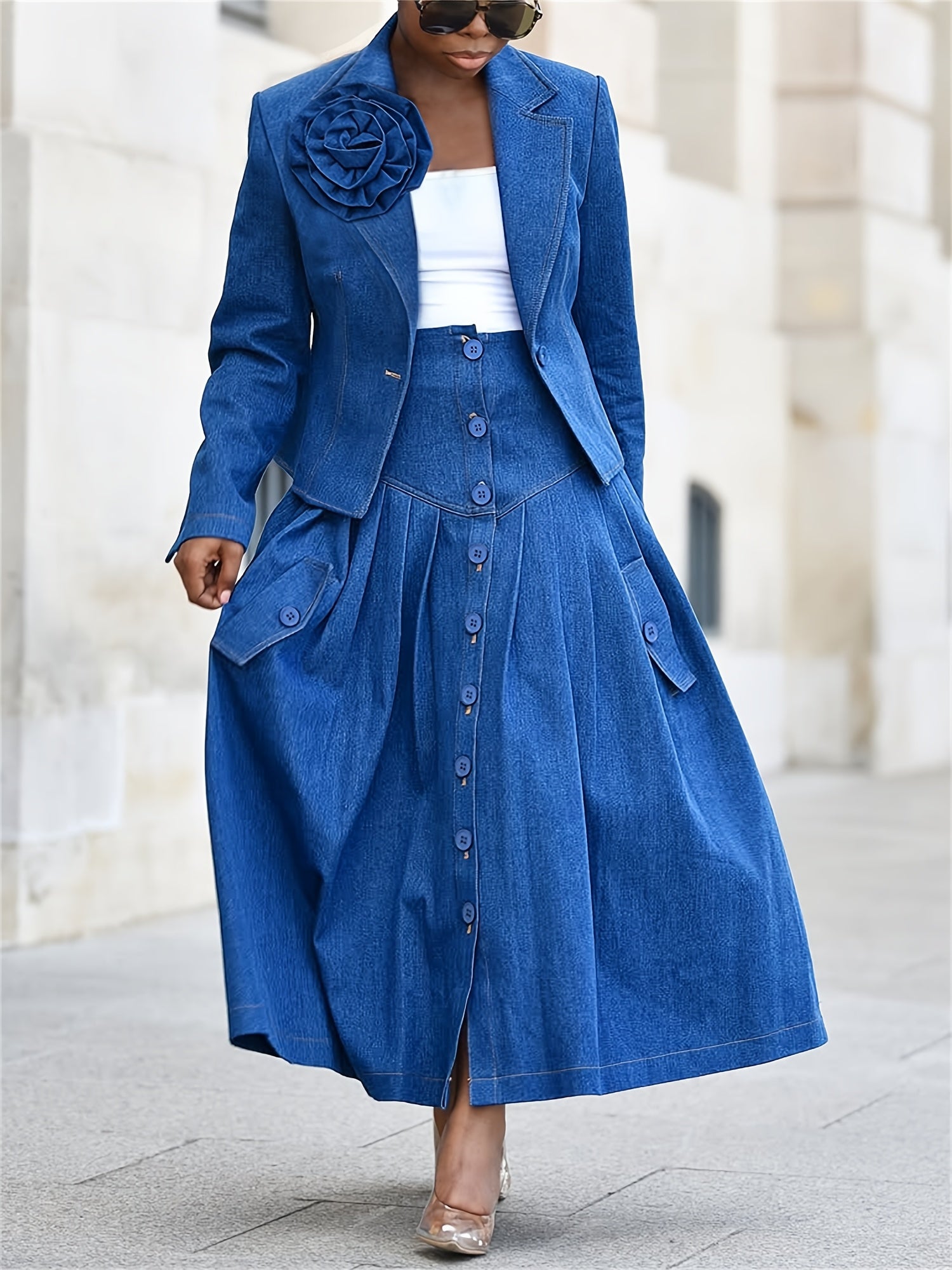 Women's Two-Piece Skirt Set - Solid Color Workwear Matching Outfit detail view