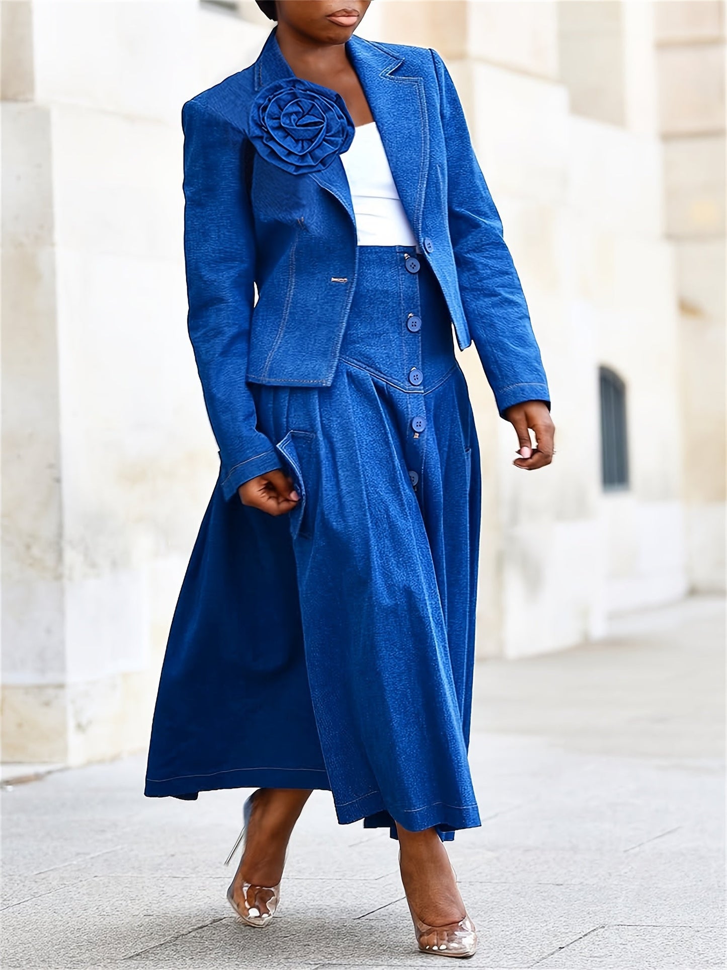 Women's Two-Piece Skirt Set - Solid Color Workwear Matching Outfit detail view