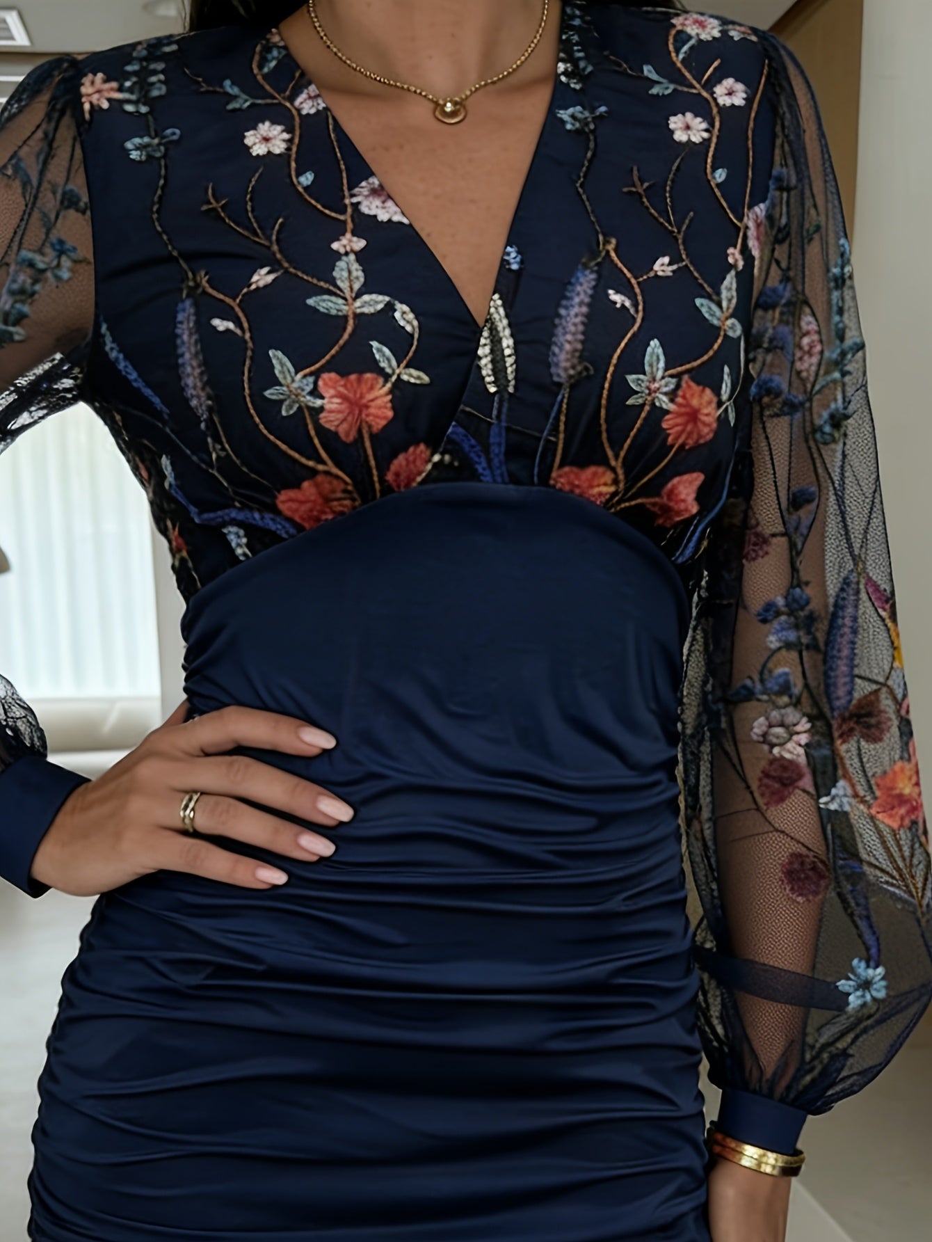 Women's V-Neck Bodycon Dress - Long Sleeve detail view