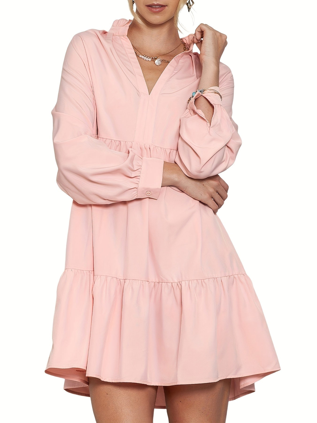 Women's V-Neck Casual Dress - Ruffle detail view
