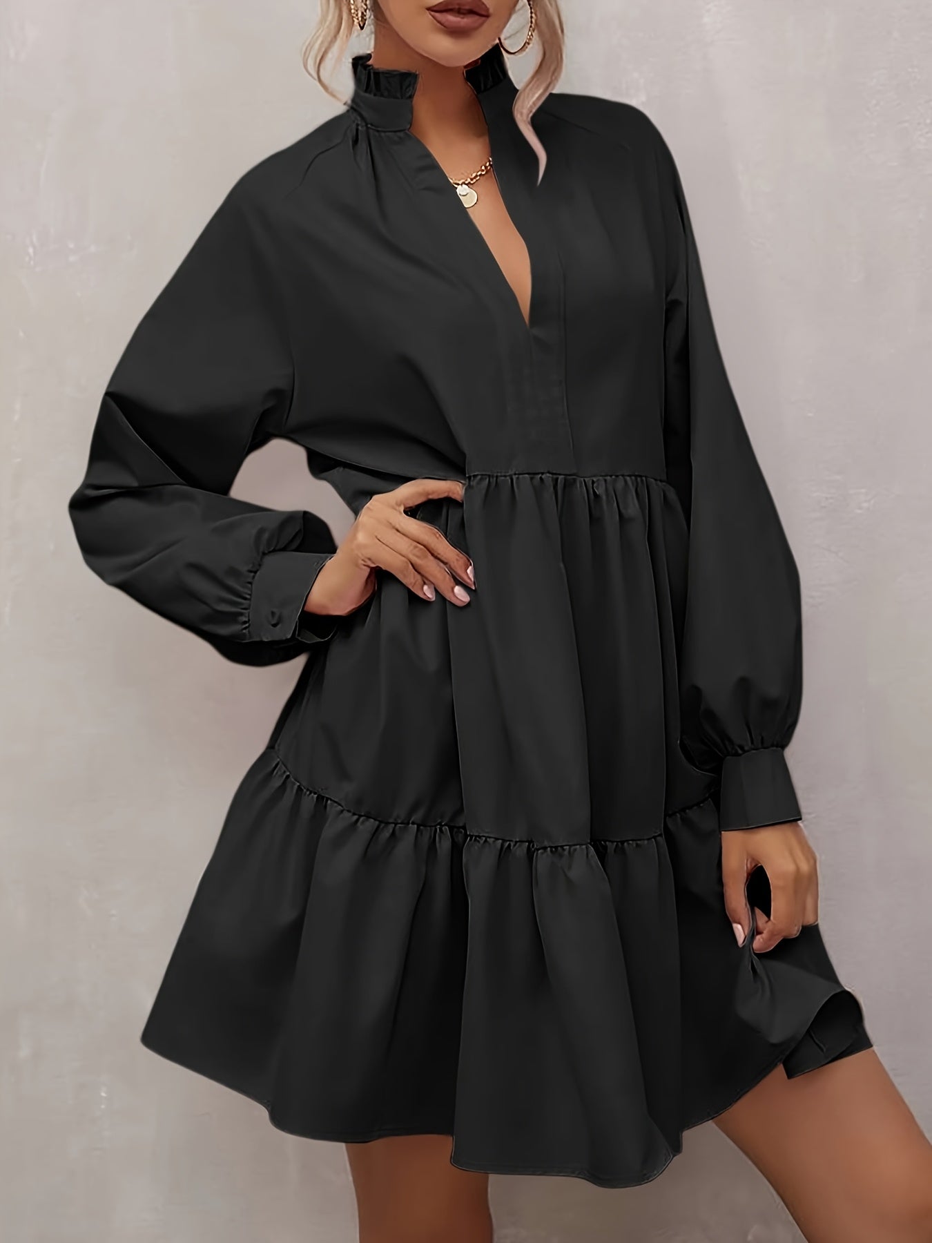 Women's V-Neck Casual Dress - Ruffle detail view