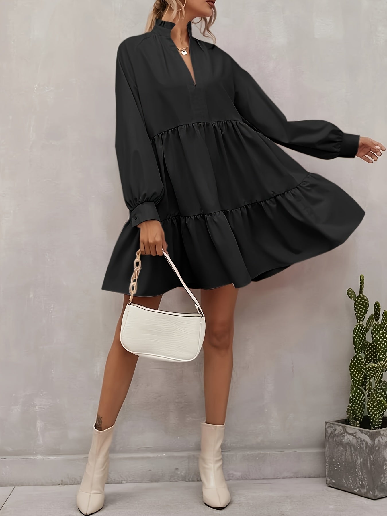Women's V-Neck Casual Dress - Ruffle detail view