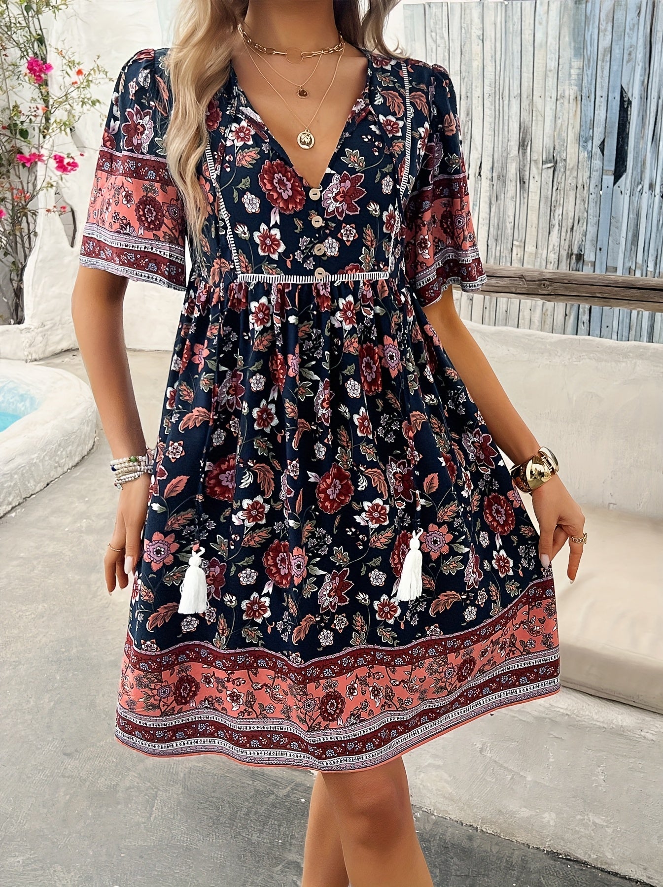 Women's V-Neck Maxi Casual Dress - Puff Sleeve – main product image