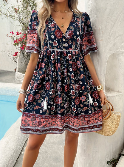Women's V-Neck Maxi Casual Dress - Puff Sleeve detail view
