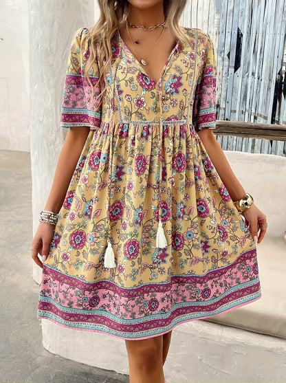 Women's V-Neck Maxi Casual Dress - Puff Sleeve detail view