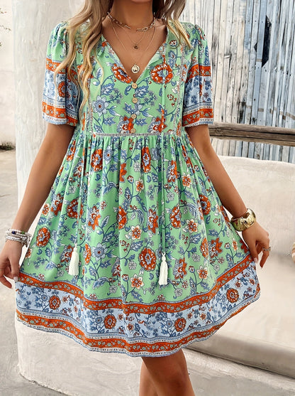 Women's V-Neck Maxi Casual Dress - Puff Sleeve detail view