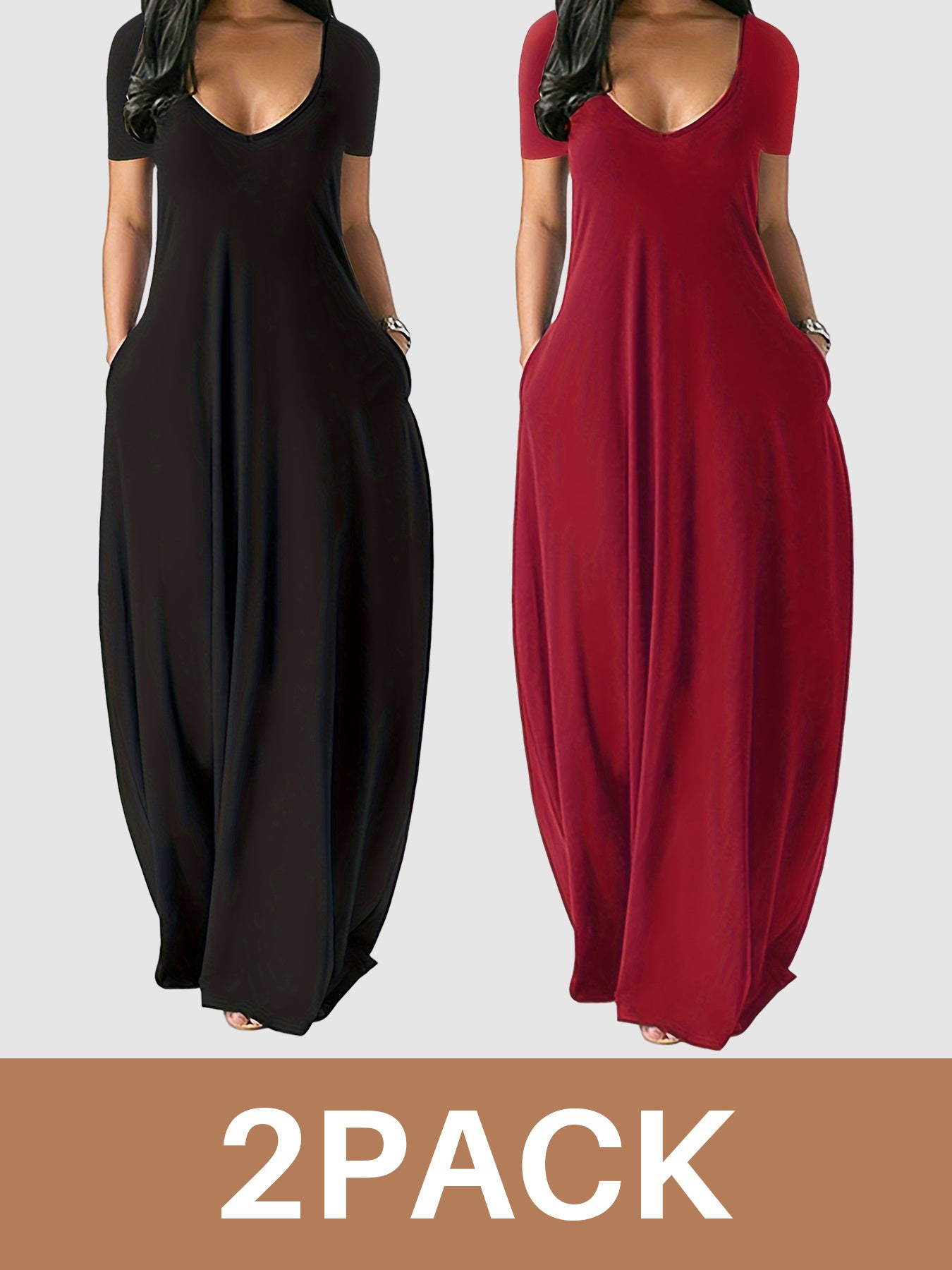 Women's V-Neck Maxi Dress 2-Pack - Wine Red and Black – Red option – main product image