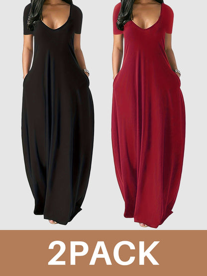 Women's V-Neck Maxi Dress 2-Pack - Wine Red and Black detail view