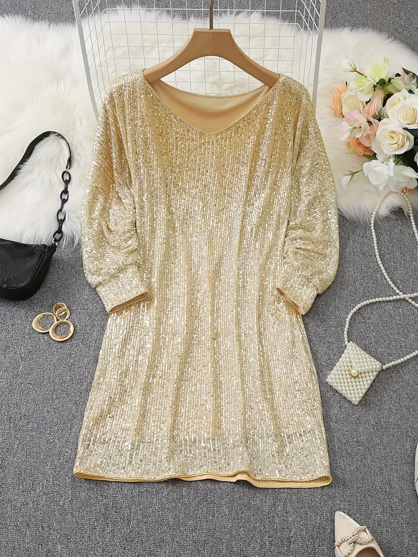 Women's V-Neck Midi Bodycon Dress - Long Sleeve detail view