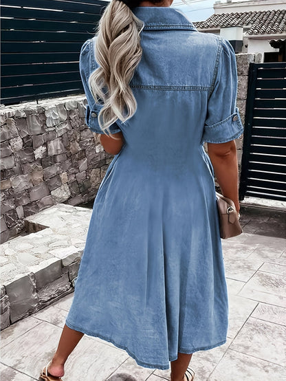 Women's V-Neck Mini A-Line Dress - Button Front detail view