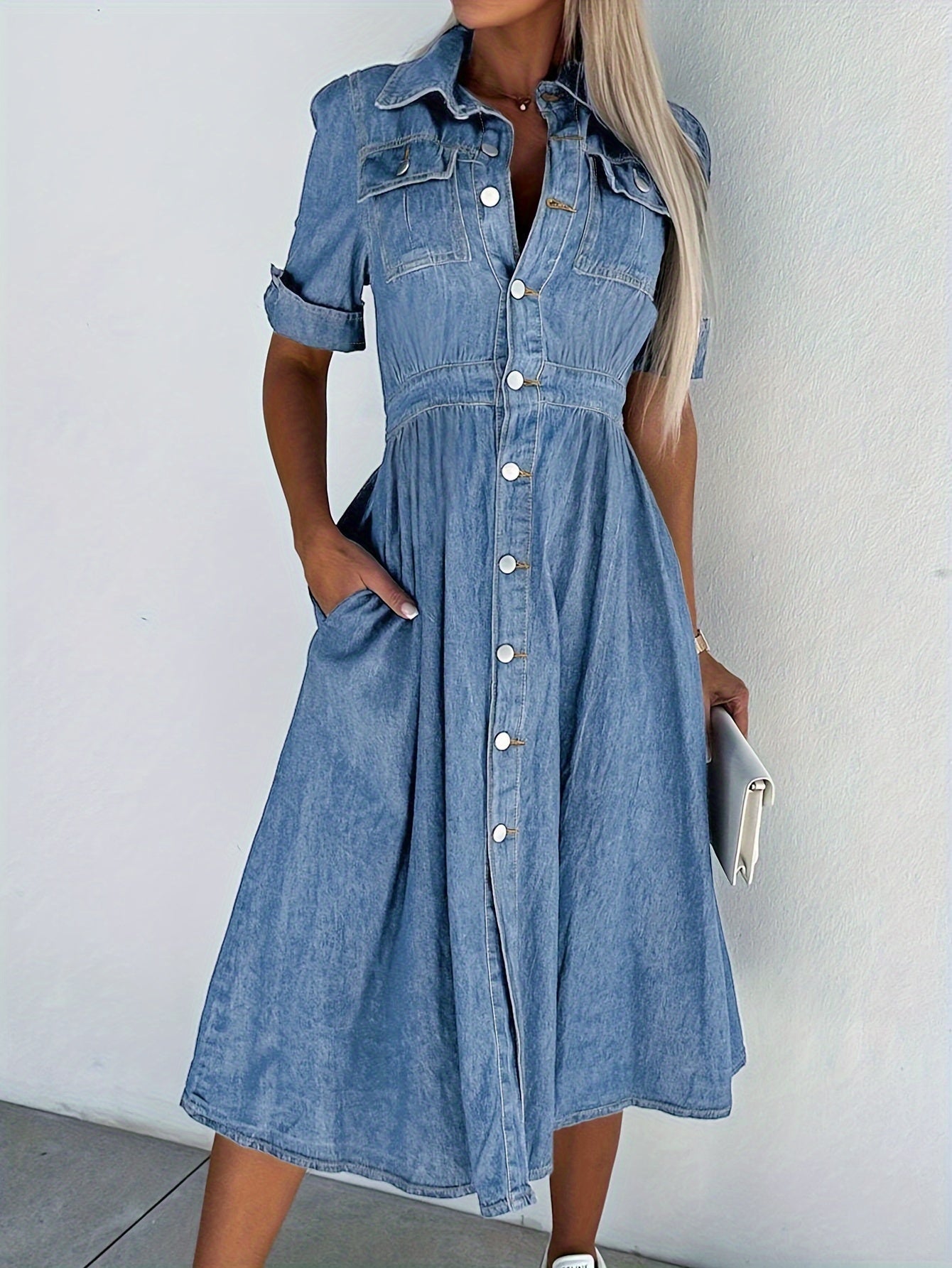 Women's V-Neck Mini A-Line Dress - Button Front detail view