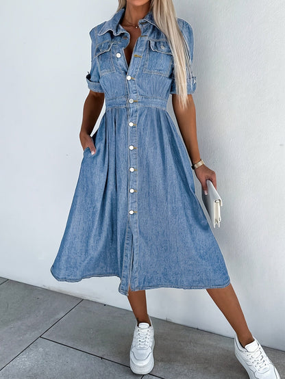 Women's V-Neck Mini A-Line Dress - Button Front detail view