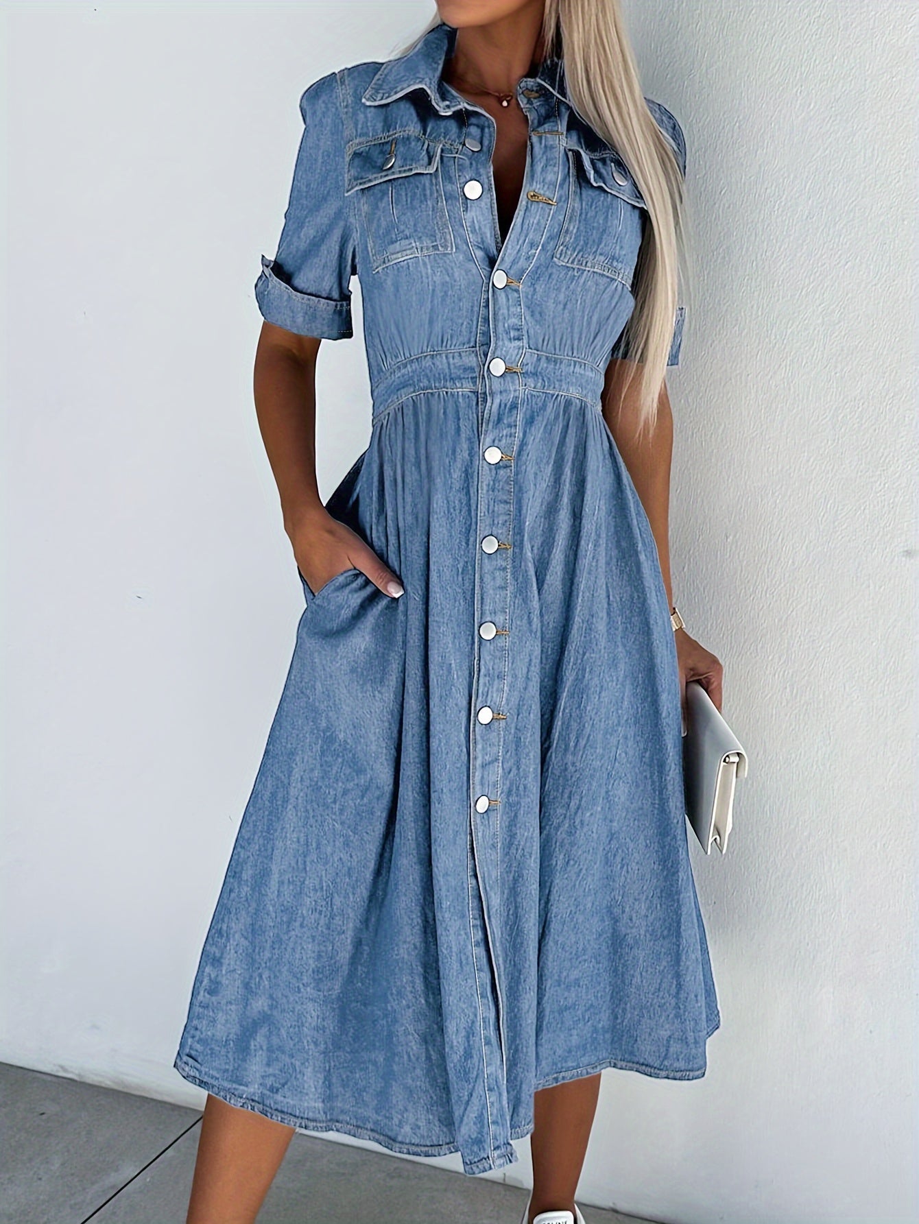 Women's V-Neck Mini A-Line Dress - Button Front detail view