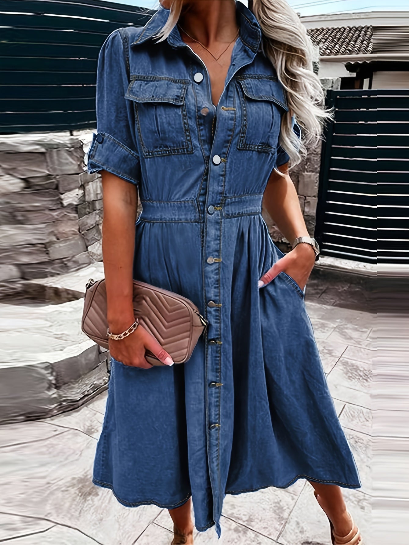 Women's V-Neck Mini A-Line Dress - Button Front detail view