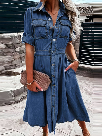 Women's V-Neck Mini A-Line Dress - Button Front detail view