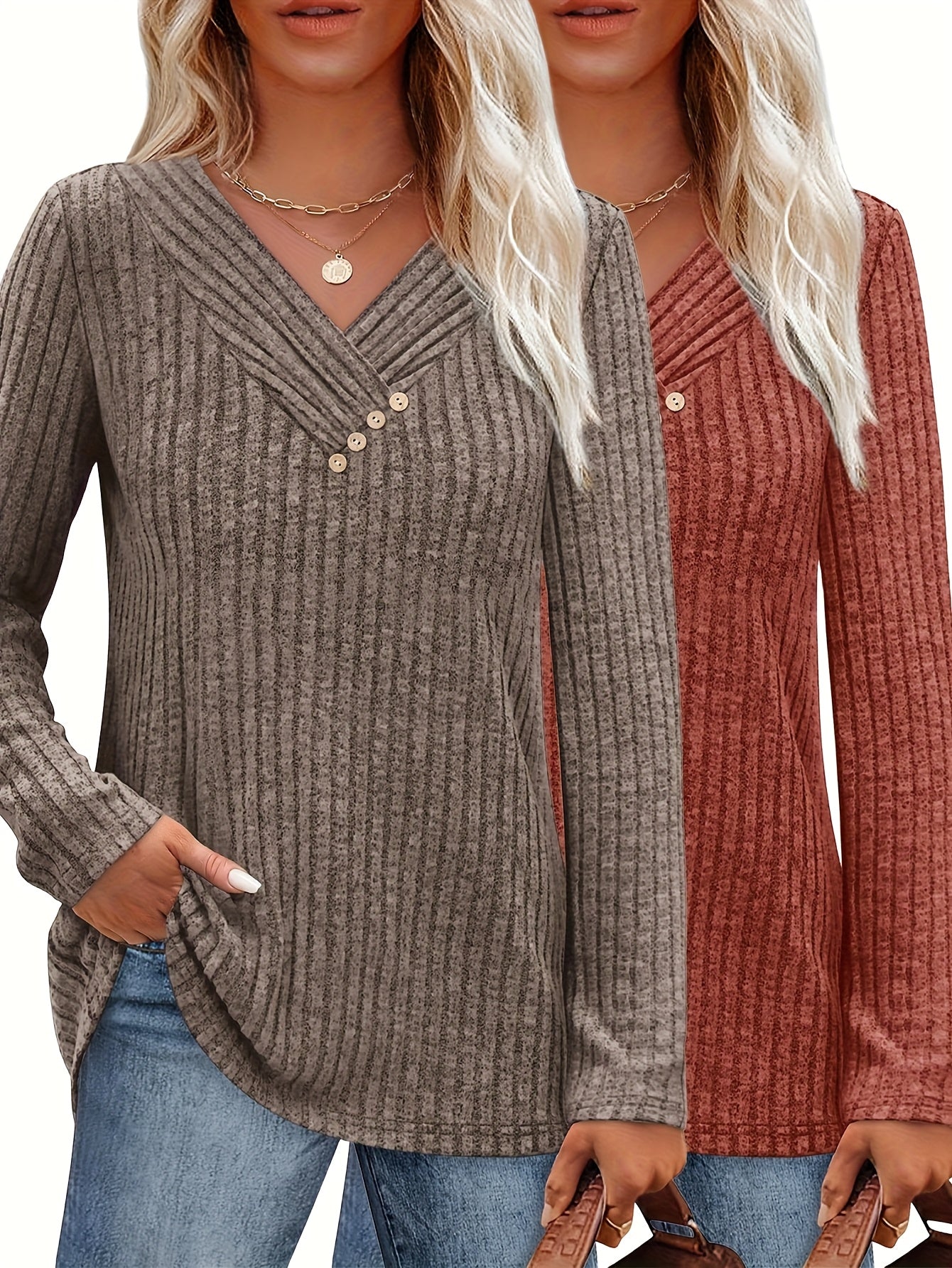 Women's V-Neck Pullover Sweater - Colorful Button Detail – main product image