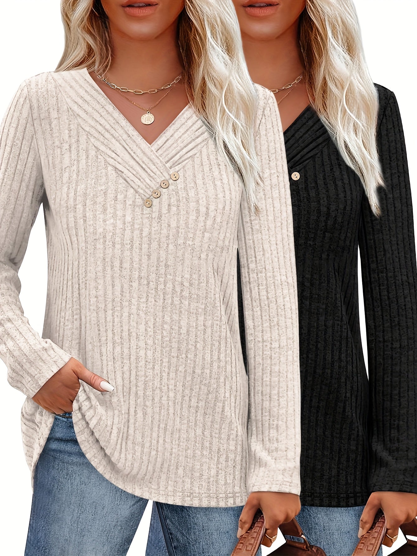 Women's V-Neck Pullover Sweater - Colorful Button Detail – view 2