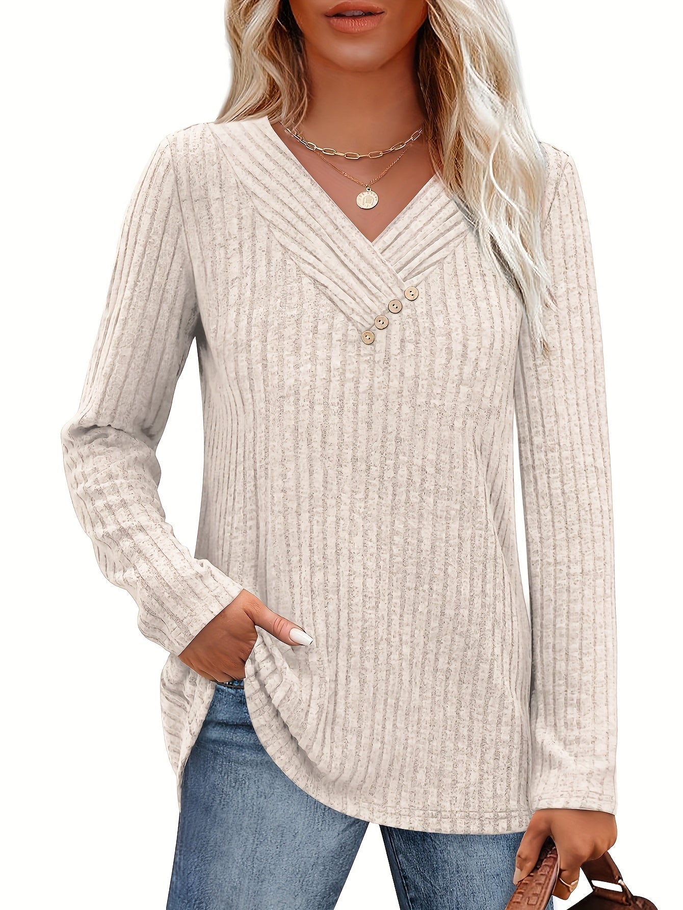 Women's V-Neck Pullover Sweater - Colorful Button Detail detail view