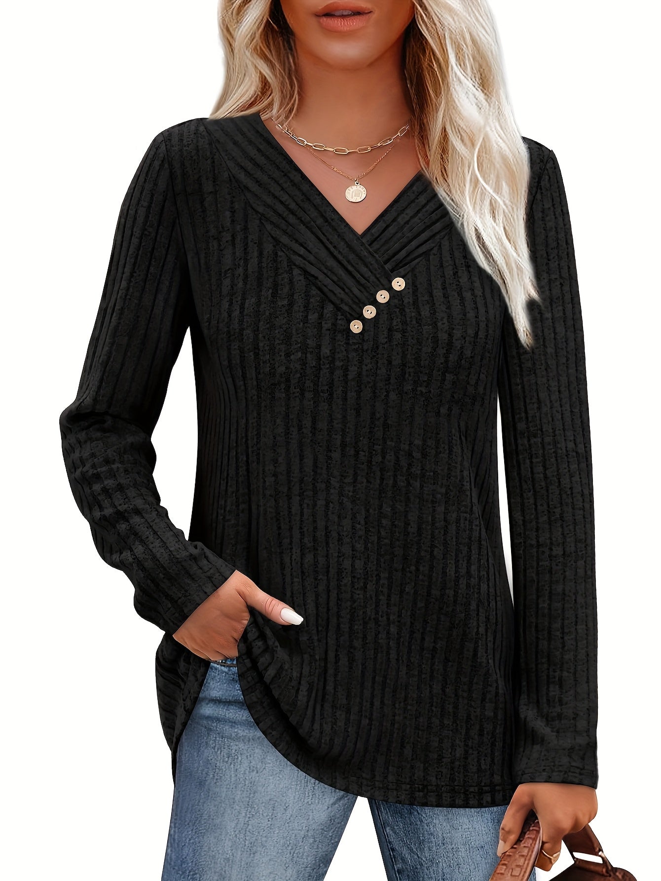 Women's V-Neck Pullover Sweater - Colorful Button Detail detail view