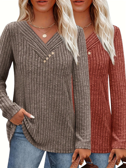 Women's V-Neck Pullover Sweater - Colorful Button Detail detail view