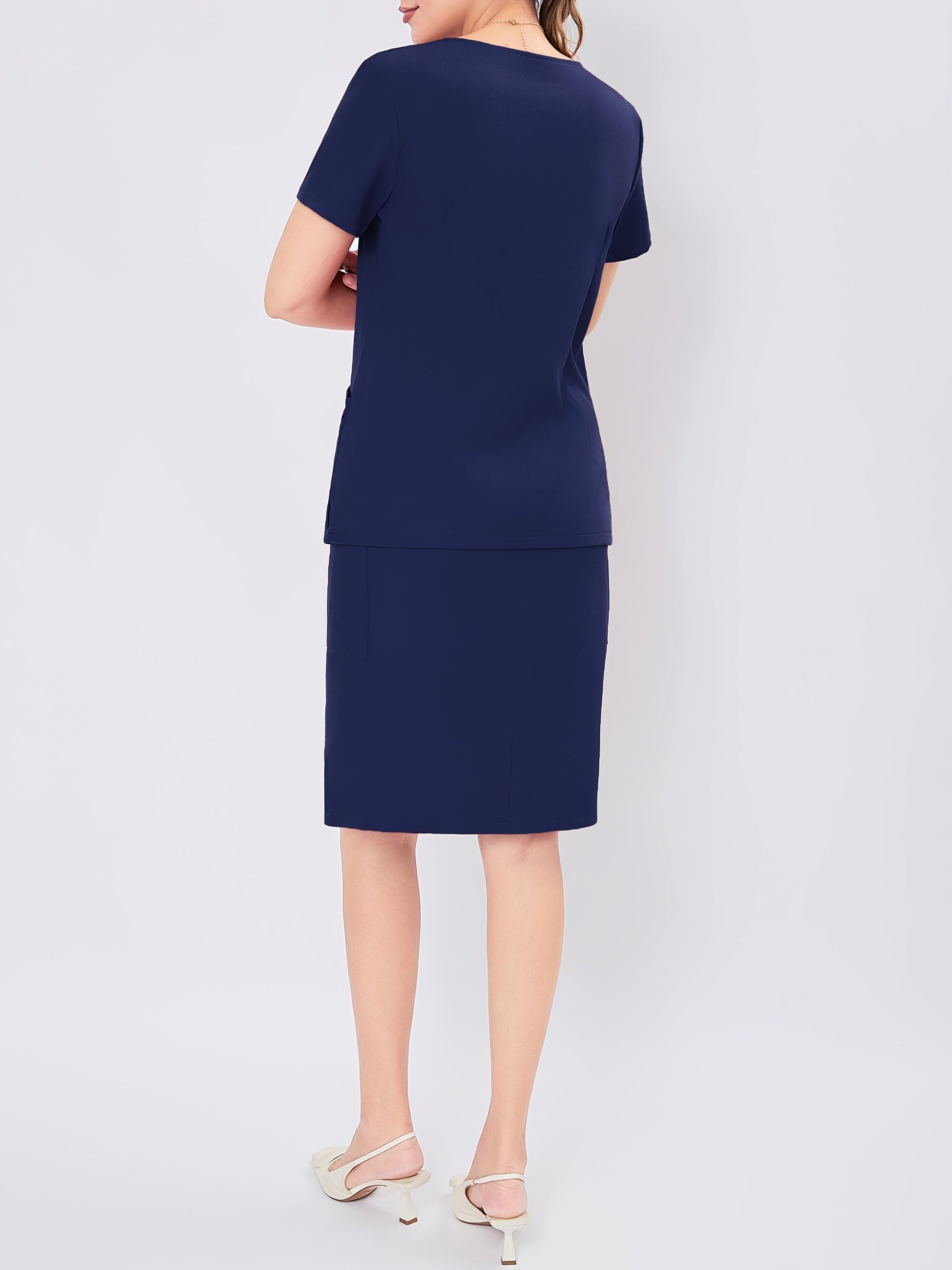 Women's V-Neck Scrub Skirt Set - Short Sleeve Pocket Uniform detail view