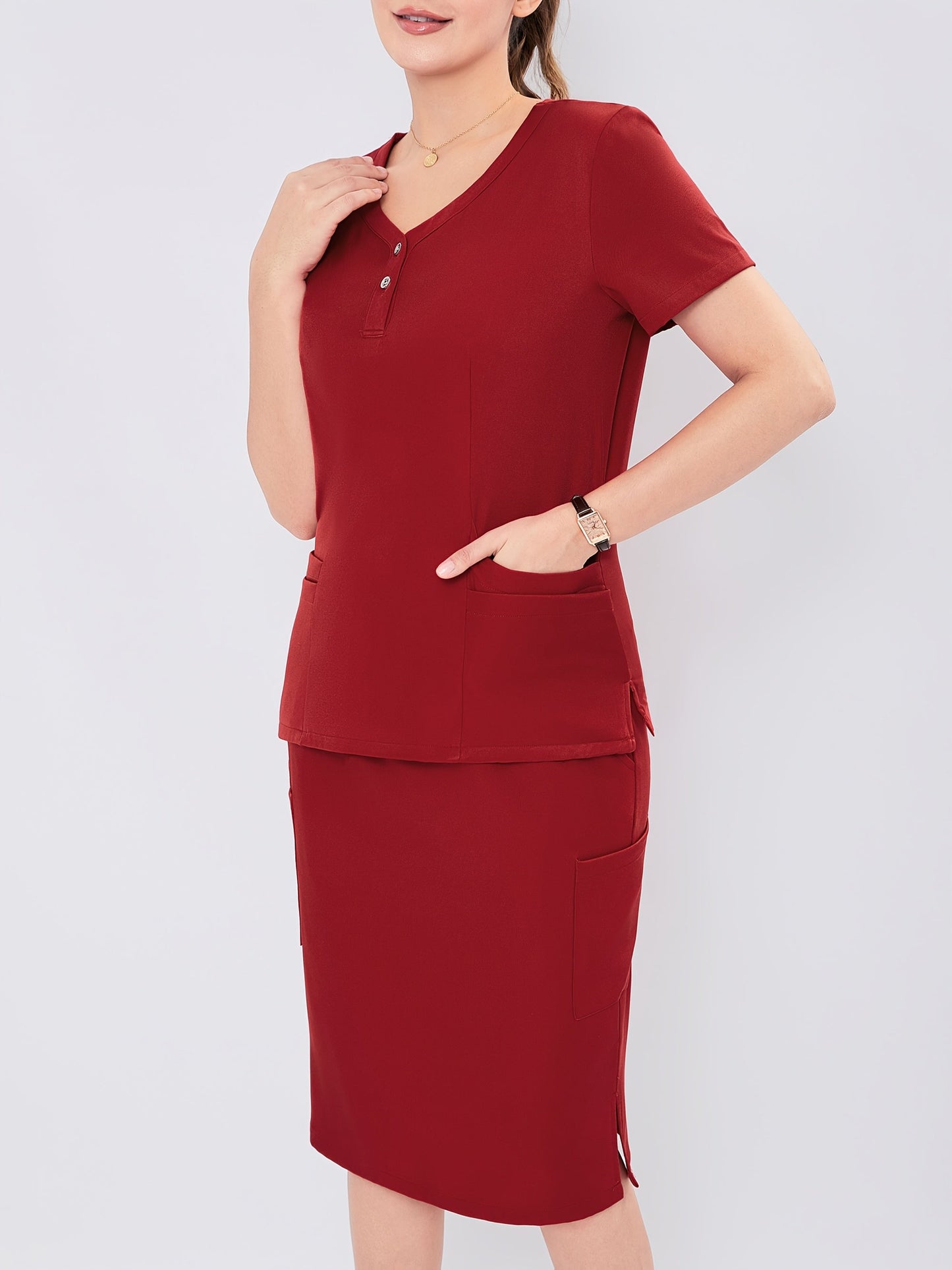 Women's V-Neck Scrub Skirt Set - Short Sleeve Pocket Uniform detail view